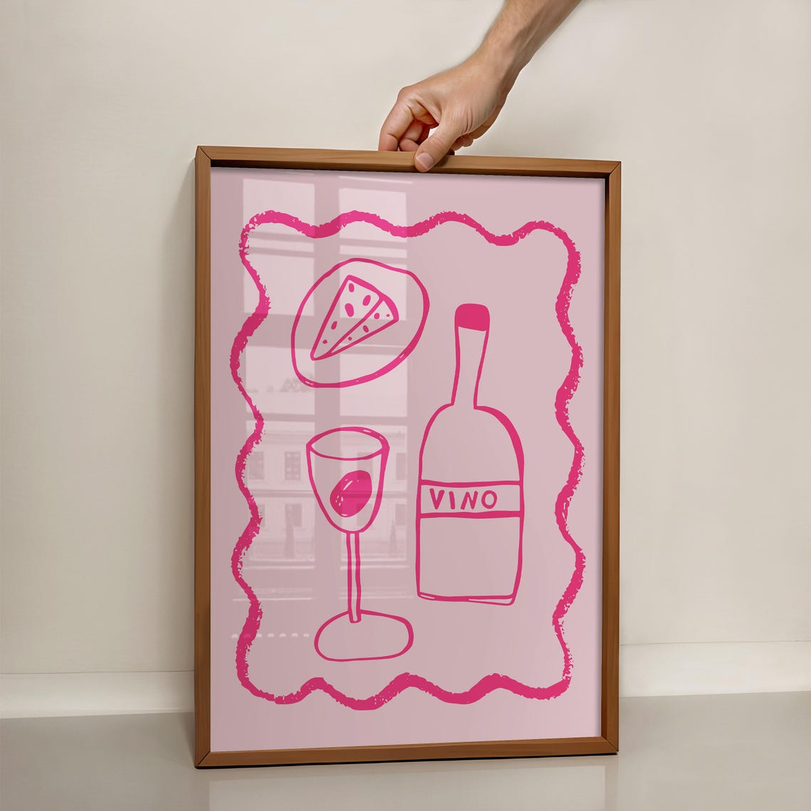 Vino Wine Bottle Cheese Poster Pink Line Art Wavy Border Kitchen Decor - Image 3