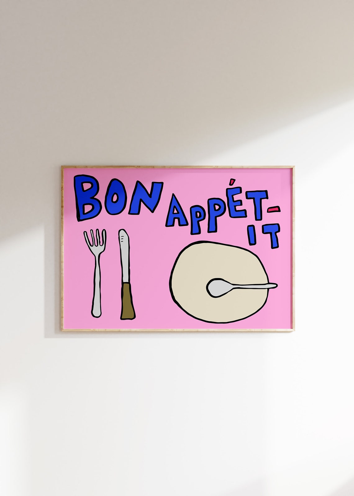 Bon Appetit Pink Horizontal Kitchen Decor Fork Knife Plate Poster