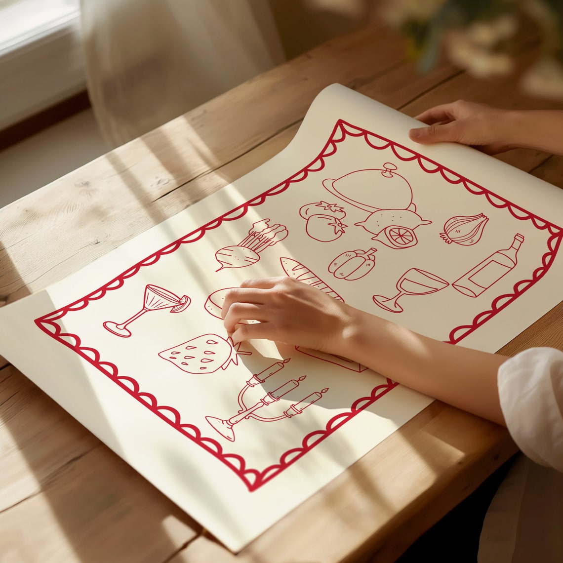 Dinner Party Red Line Art Food Collage Scalloped Kitchen Poster - Image 3