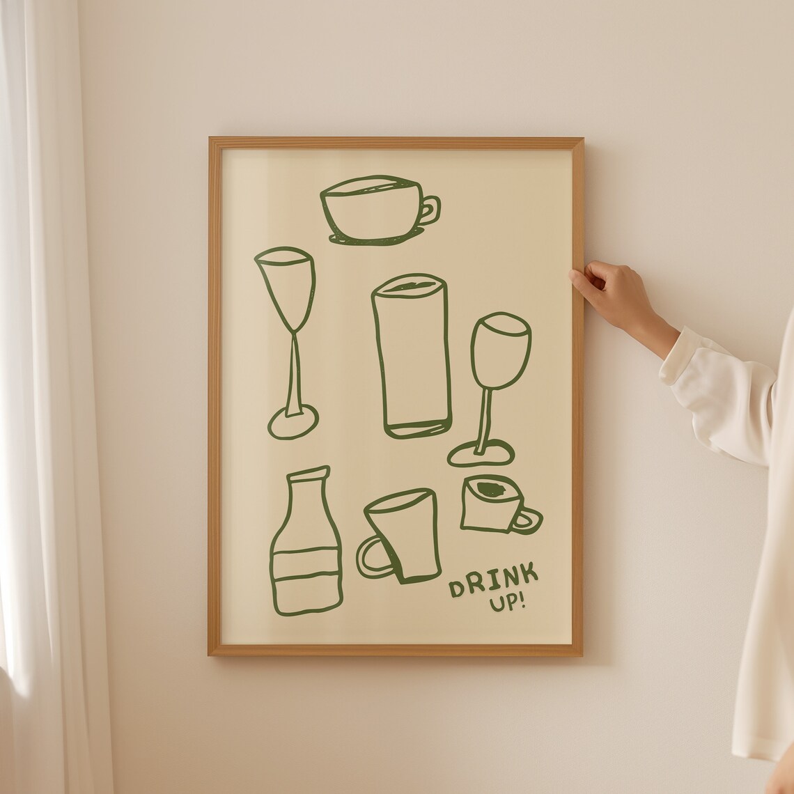 Cream Green Line Art Drink Glasses Drink Up Minimal Bar Poster - Image 3