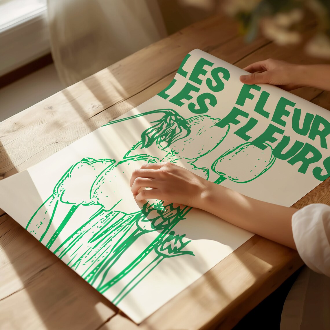 Les Fleurs Green Tulip Botanical Ink Drawing French Floral Art Poster - Image 2