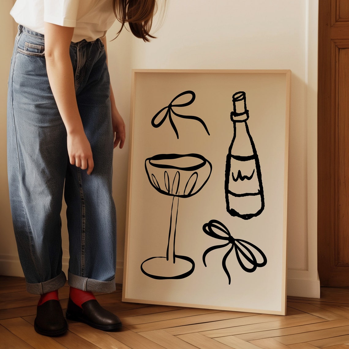 Trendy Minimalist Black Coquette Cocktail Bar Cart Line Art Poster