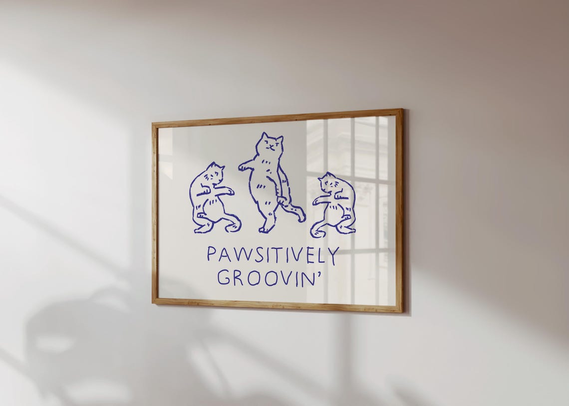 Pawsitively Groovin Funny Dancing Cats Retro Blue Line Art Poster - Image 2
