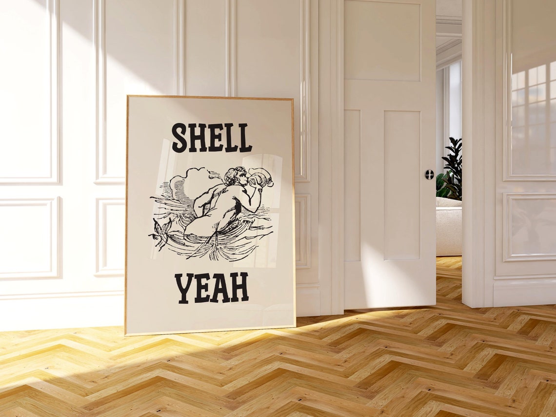 Shell Yeah Vintage Merman Conch Shell Beach Quote Kitchen Decor Poster - Image 4