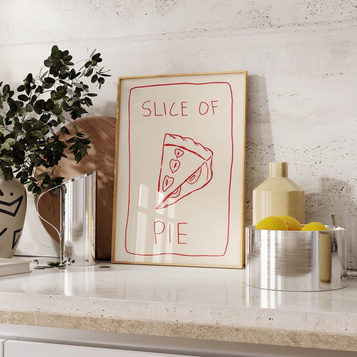Slice of Pie Red Hand Drawn Line Art Retro Kitchen Fruit Poster - Image 3