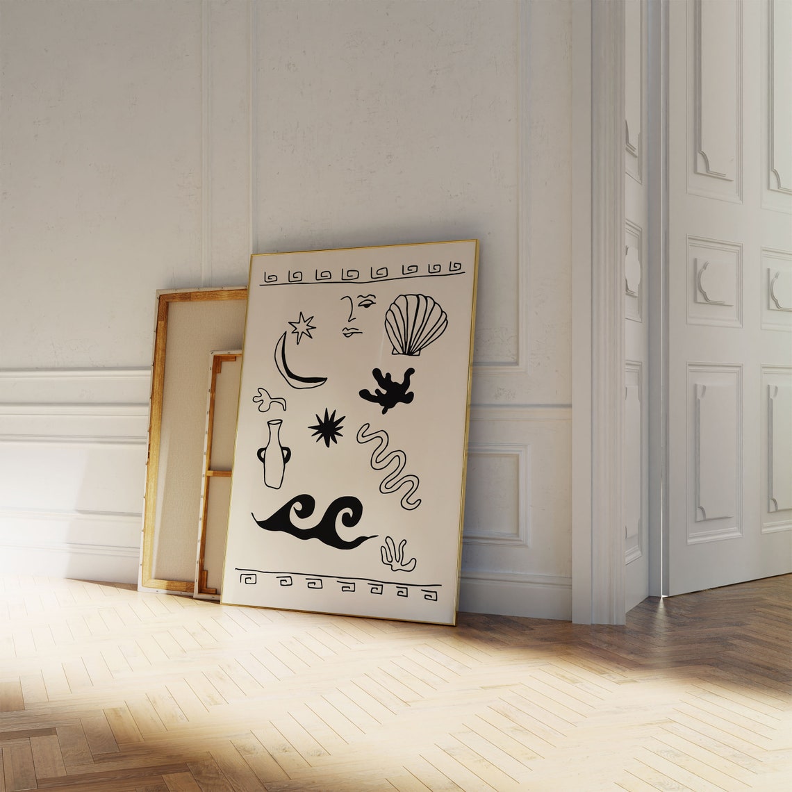 Greek Coastal Icons Black Line Art Shell Moon Wave Poster Decor - Image 5