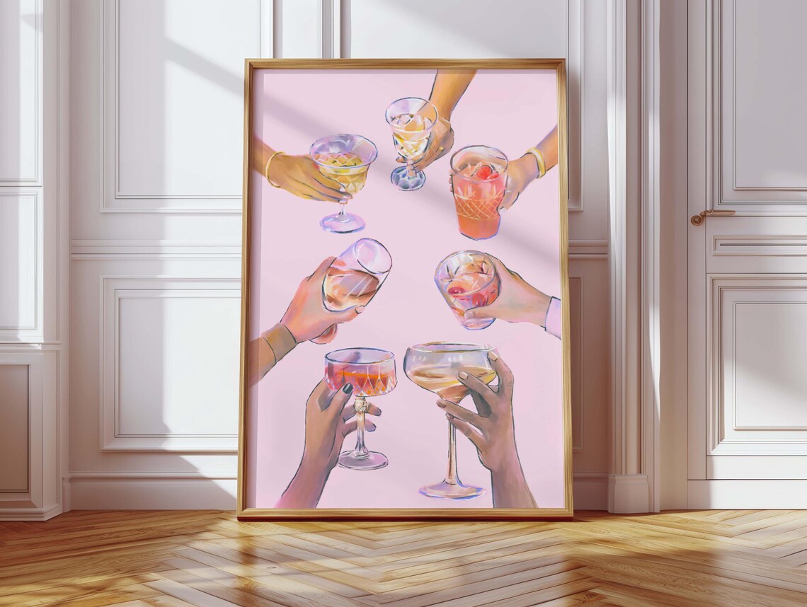 Cheers Cocktail Toast Pink Illustration Girls Night Drinks Party Art Poster