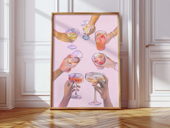Cheers Cocktail Toast Pink Illustration Girls Night Drinks Party Art Poster