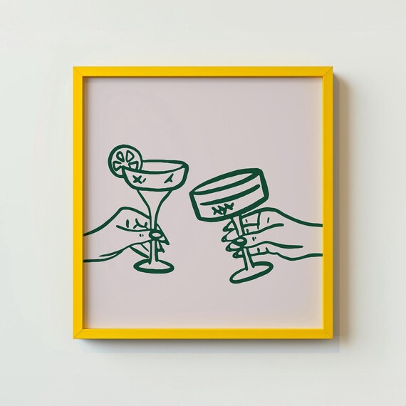 Cheers Minimalist Cocktail Glasses Clinking Line Art Bar Cart Poster