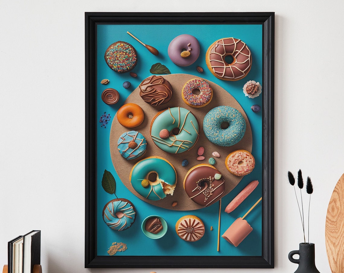 Colorful Glazed Doughnuts Flat Lay On Turquoise Kitchen Poster