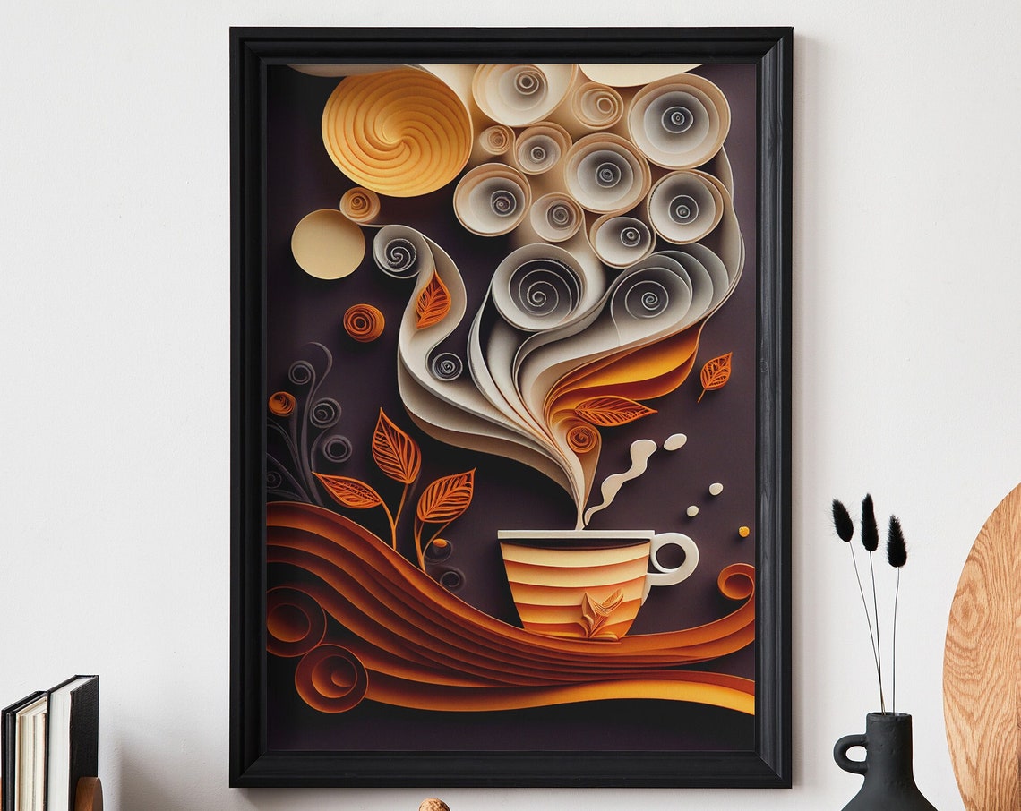 Paper Quilling Coffee Cup 3D Layered Paper Art Craft Style Poster