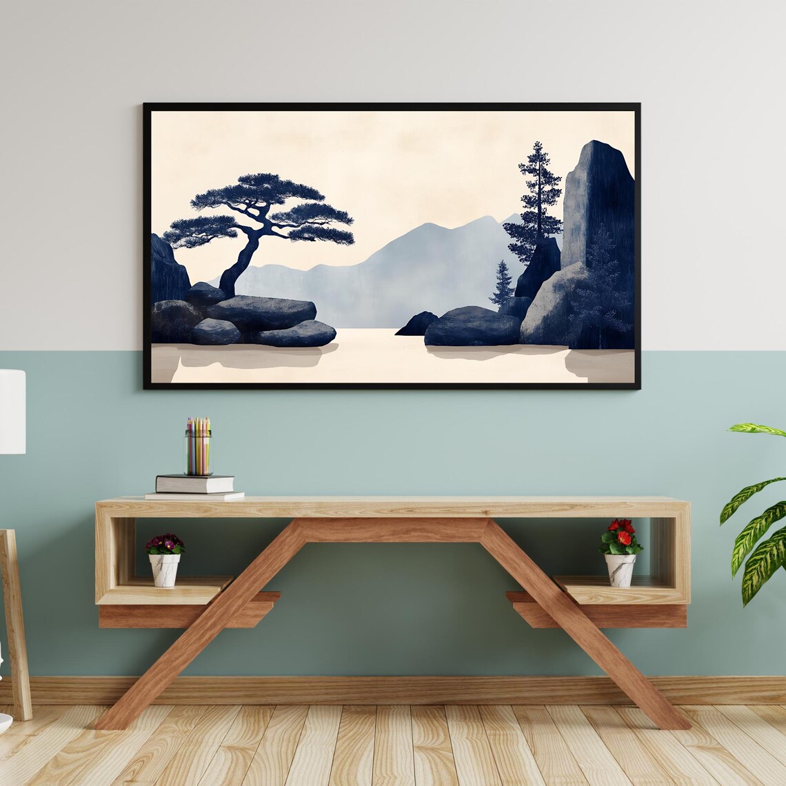 Japandi Zen Pine Tree Misty Mountains Ink Blue Minimal Landscape Poster - Image 3