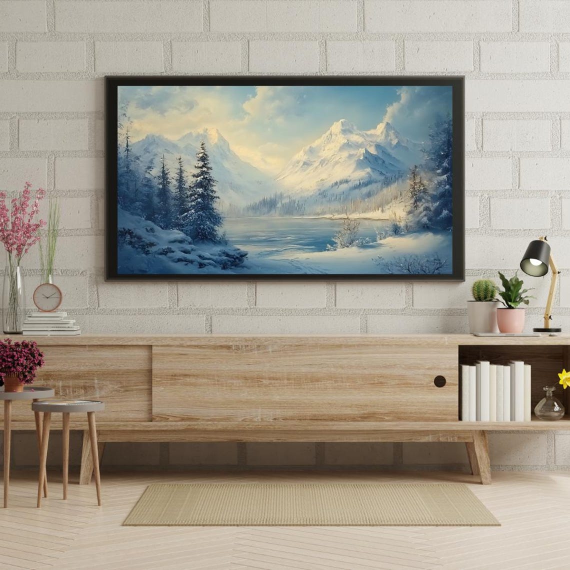 Winter Snowy Mountain Lake Pine Forest Blue Landscape Painting Poster - Image 3