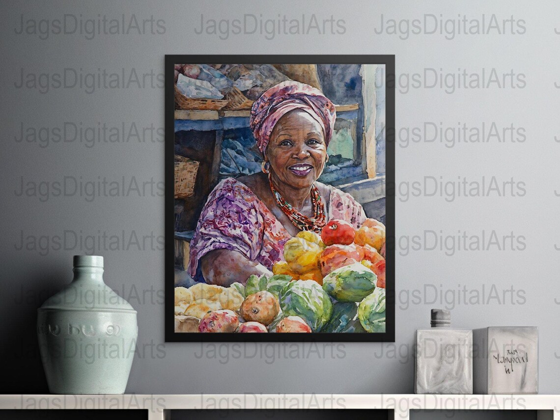 African Market Vendor Watercolor Smiling Woman Produce Baskets Poster - Image 2