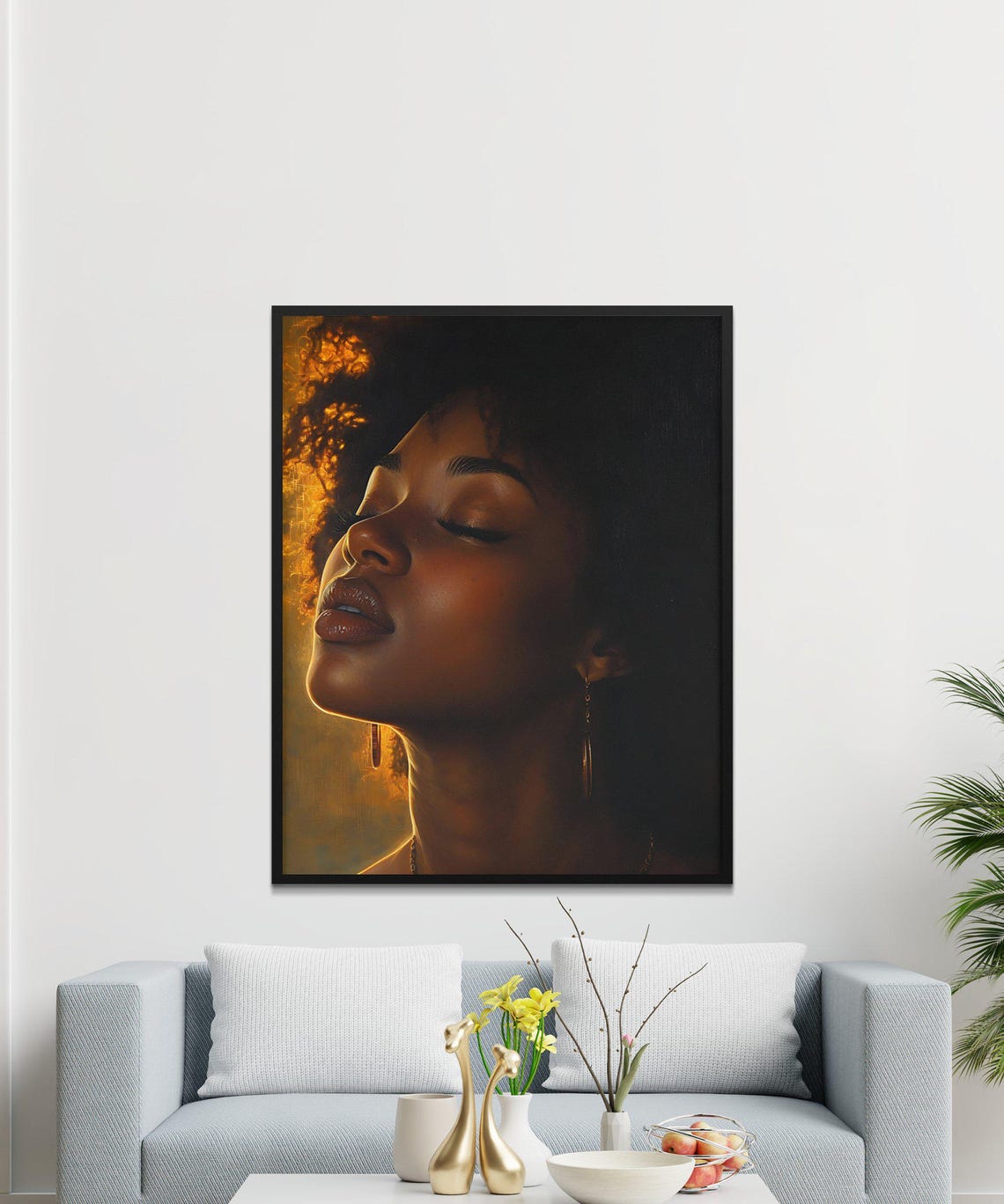 Moody Oil Portrait Black Woman Golden Light Dark Background Art Poster - Image 2