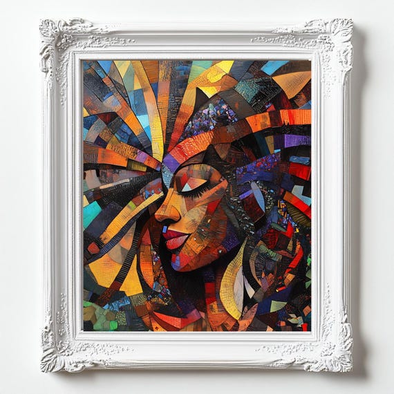 Vibrant African Woman Art Print Afrocentric Cubism Wall Black Abstract Portrait For Modern Home Decor