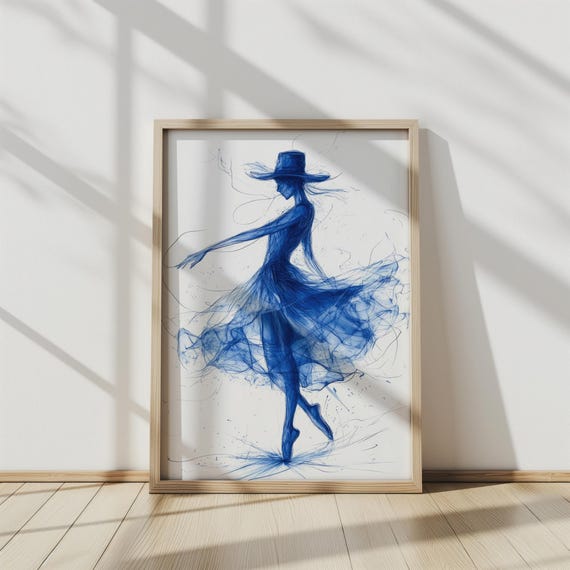 Elegant Dancer Line Art Monochromatic Blue Illustration Capturing Grace Movement In Simplified Forms Wall Art Art