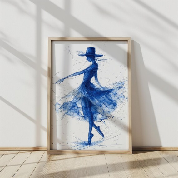 Elegant Dancer Line Art Monochrome Blue Twirl Movement Modern Wall Print