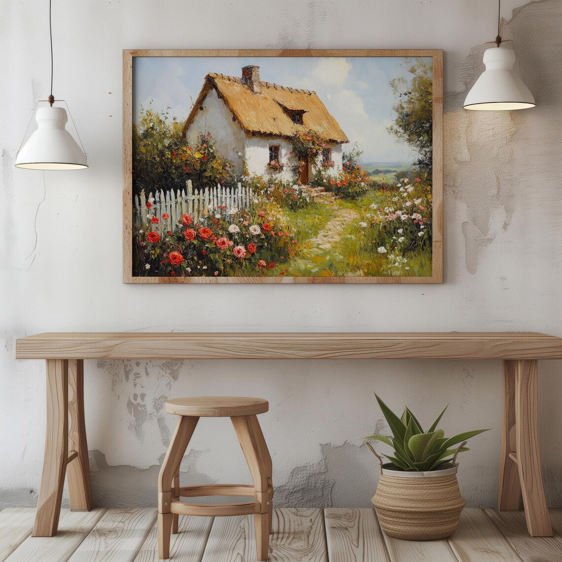White Thatched Cottage Roses Garden Oil Painting Country Poster - Image 6