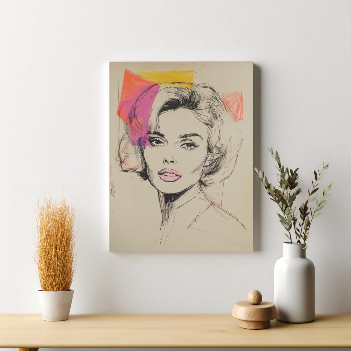 Retro Pop Art Woman Portrait Charcoal Sketch Neon Color Blocks Poster - Image 4