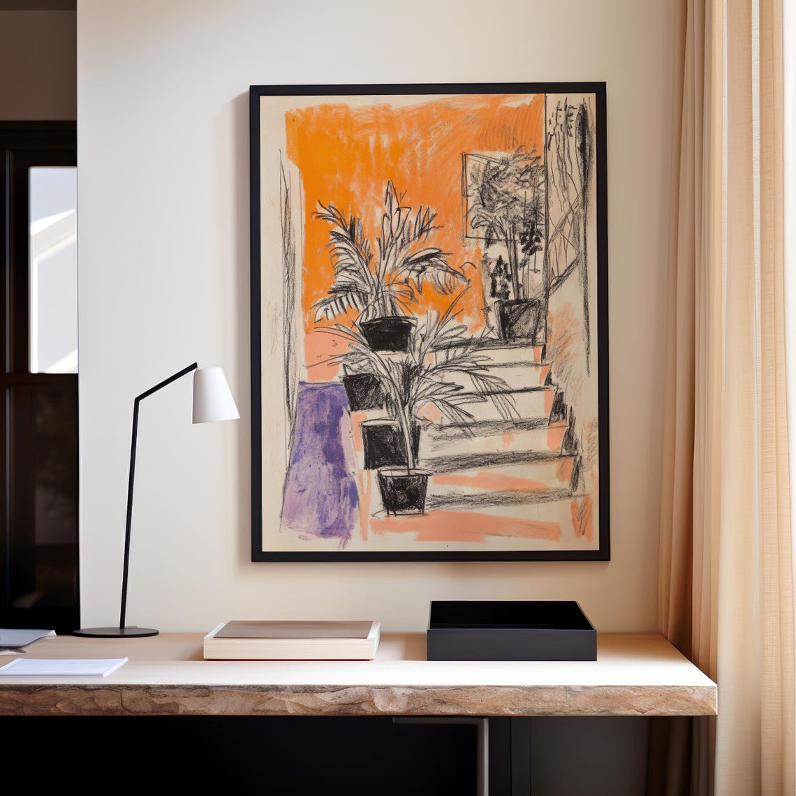 Potted Plants Charcoal Sketch Bold Orange Wall Interior Art Poster - Image 4