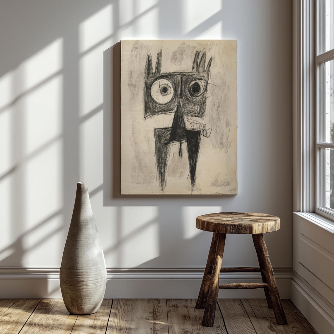 Primitive Cat Sketch Charcoal Big Eyes Abstract Animal Art Poster - Image 4