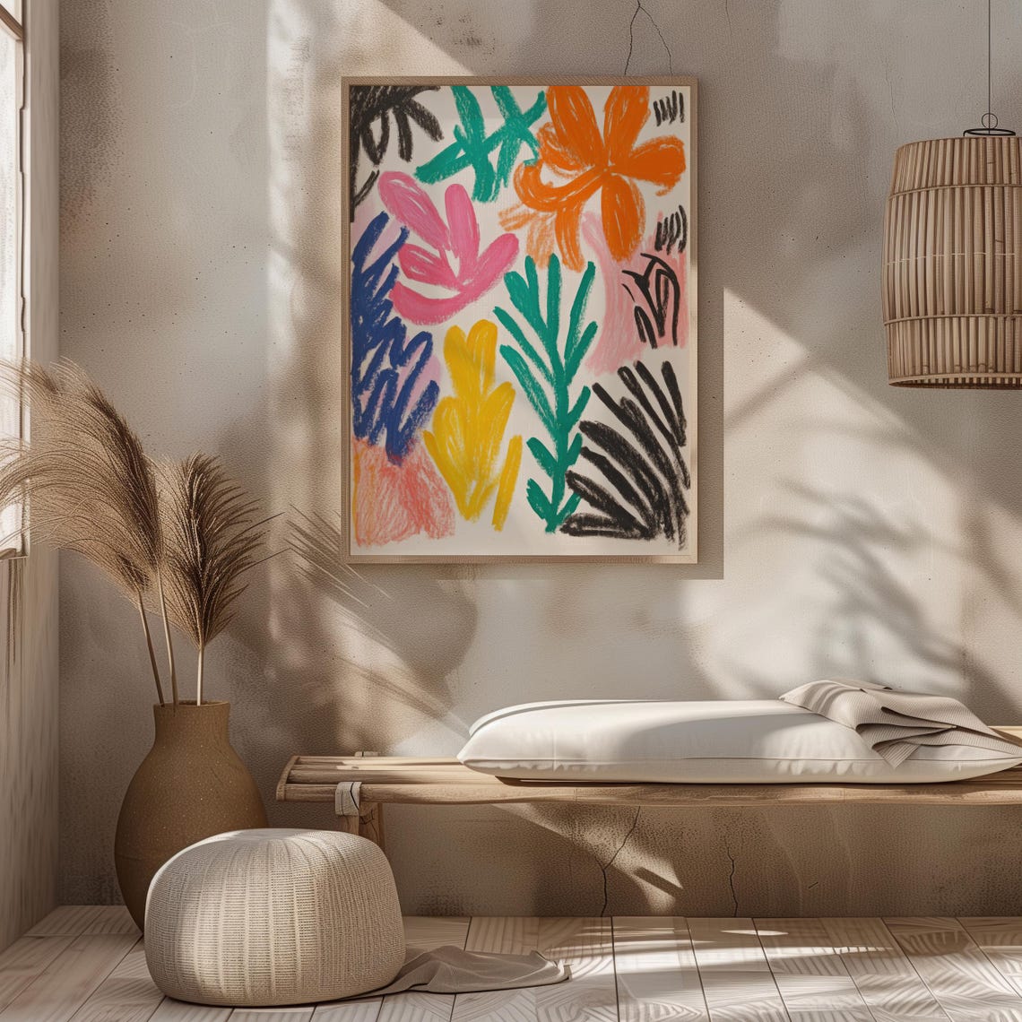 Tropical Botanical Abstract Colorful Crayon Leaves Flowers Poster - Image 5