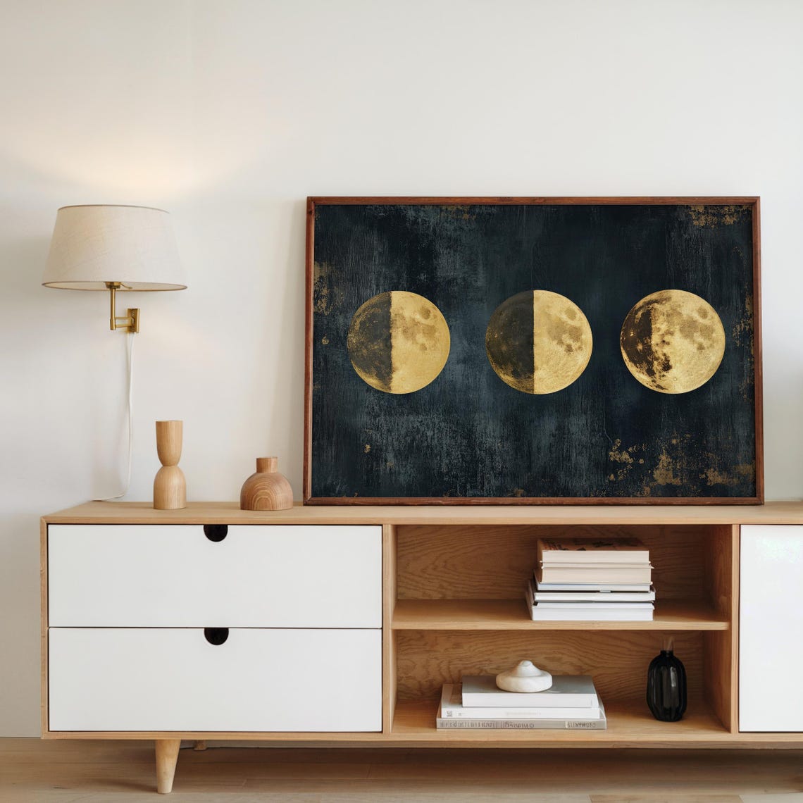 Gold Foil Moon Phases Print Set Minimalist Celestial Wall Art Modern Lunar Decor Dark Textured Background Home Decor - Image 2