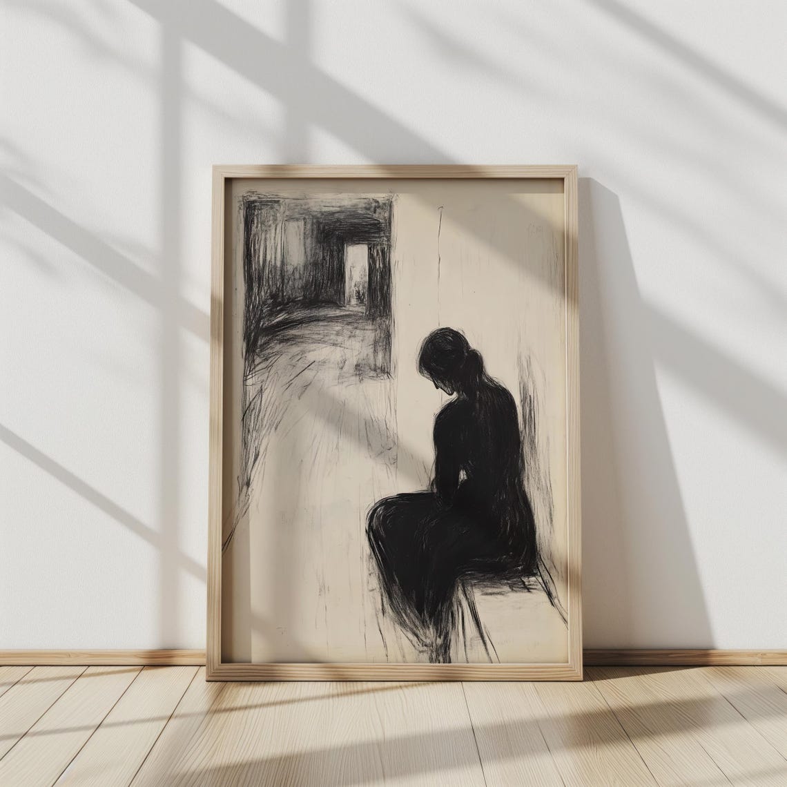 Lonely Seated Figure Charcoal Sketch Emotional Minimalist Art Poster
