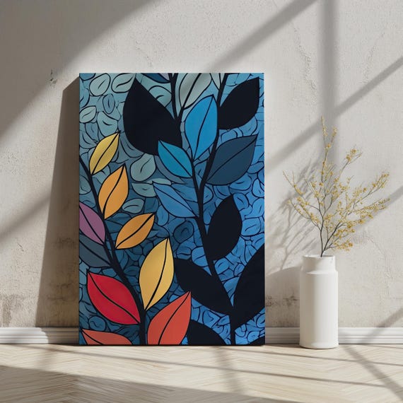 Abstract Multicolor Leaf Art Modern Botanical Wall Decor Bold Blue And Colorful Leaves Nature Inspired Print Instant