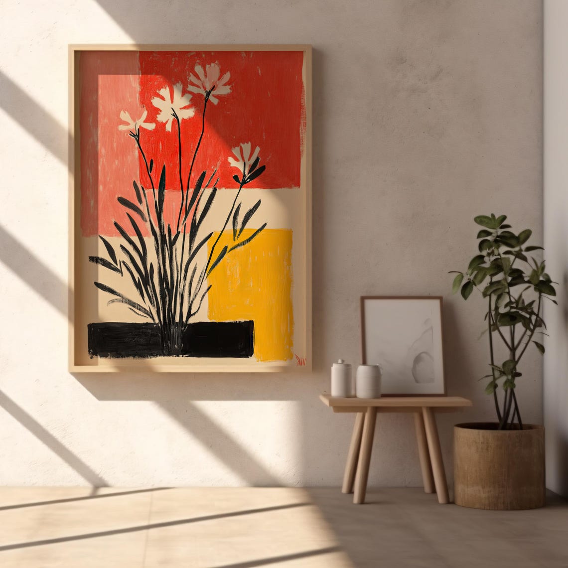 Abstract White Blossoms Floral Art Red Coral Yellow Blocks Poster - Image 6