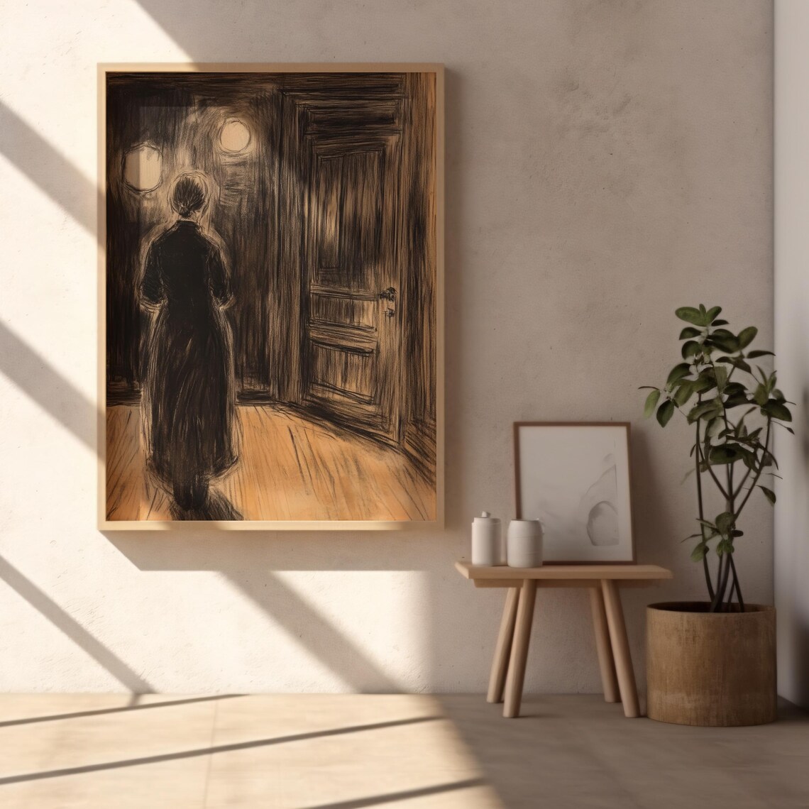 Moody Charcoal Sketch Woman In Dimly Lit Room Dark Interior Wall Art Print - Image 2