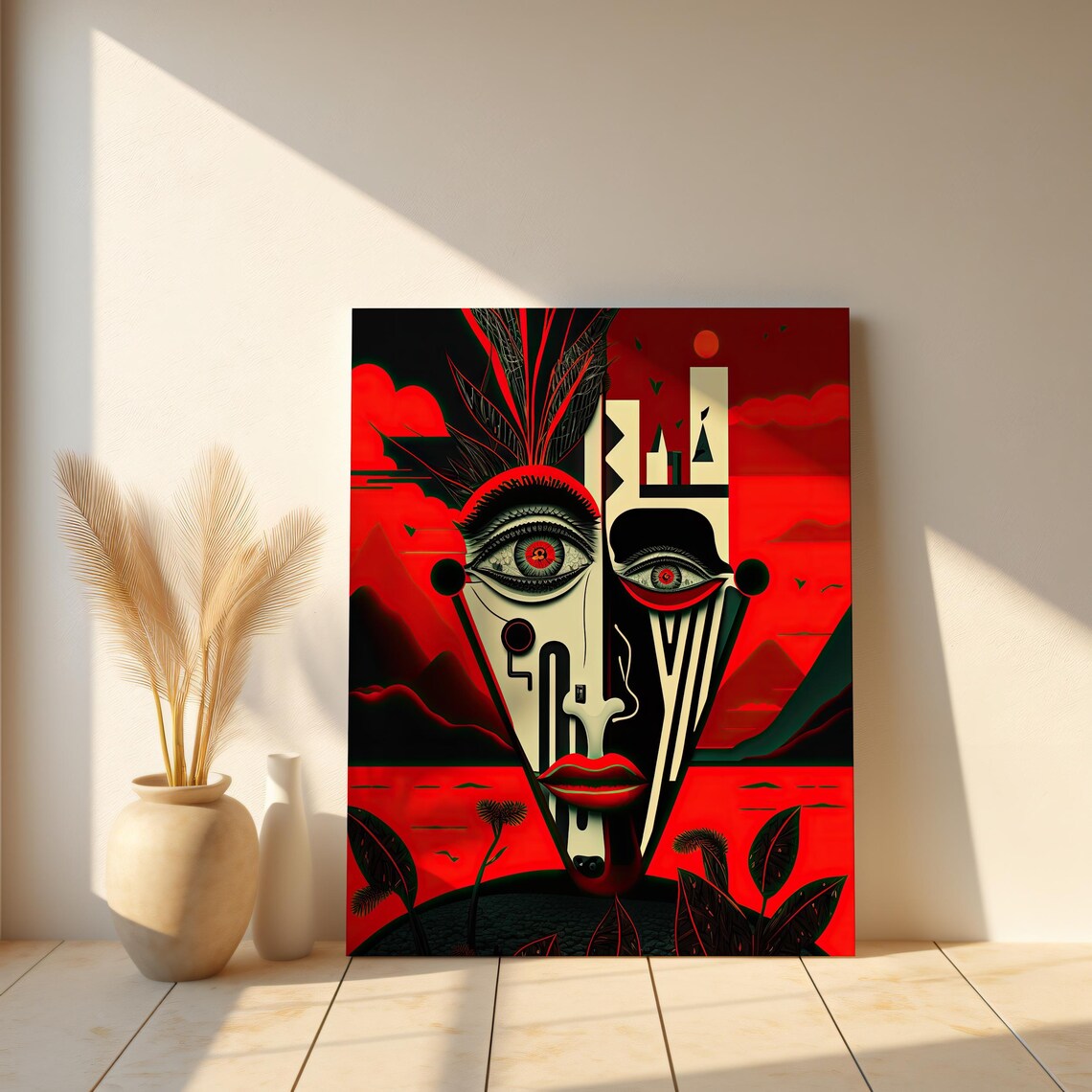 Surrealist Geometric Red Black Face Futuristic Cubist Mask Art Poster - Image 4
