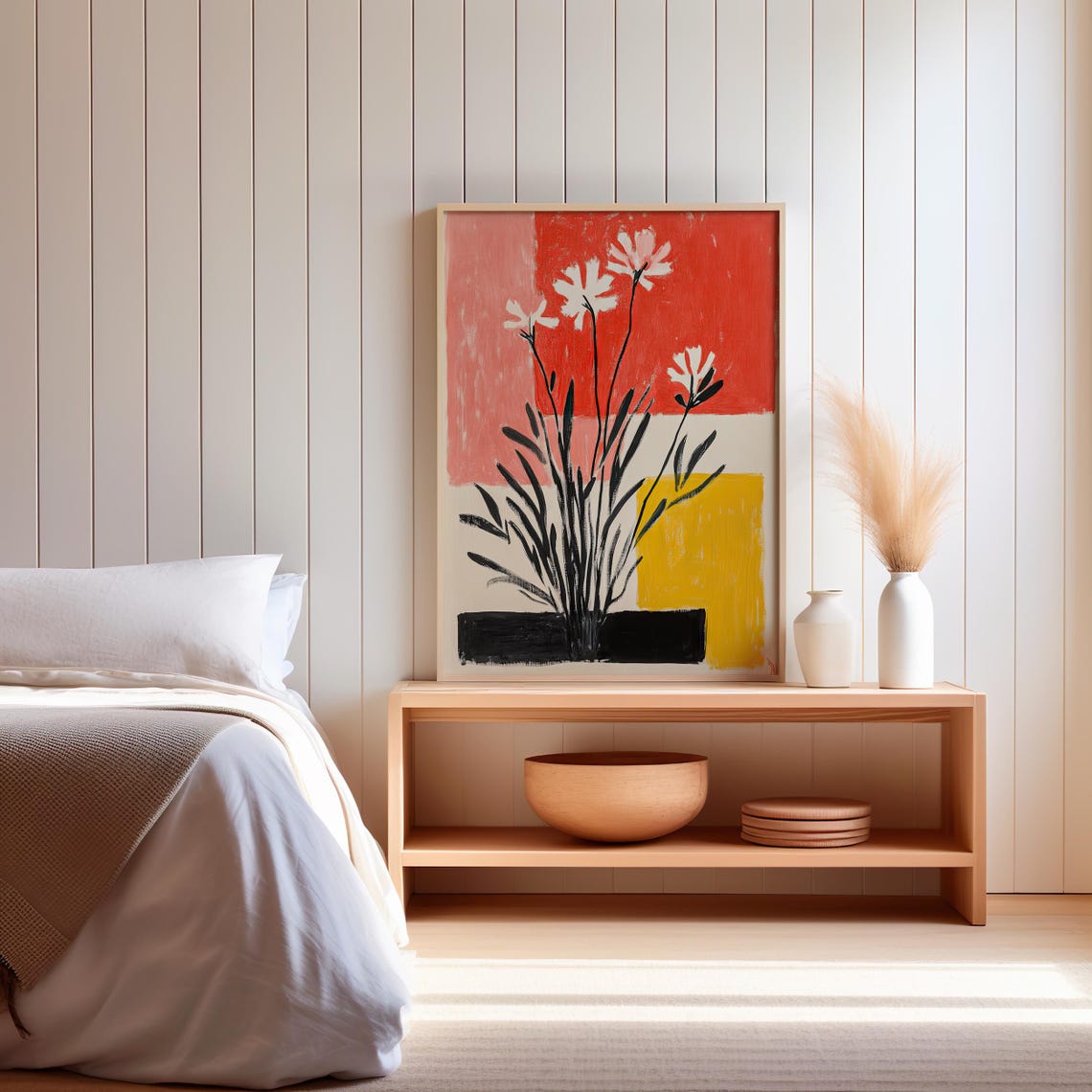 Abstract White Blossoms Floral Art Red Coral Yellow Blocks Poster - Image 3