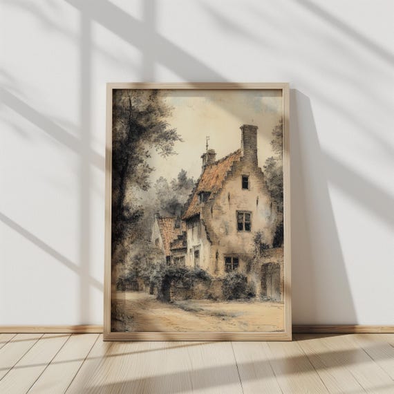 Timeless Cottage Charming Cottage Illustration Vintage Countryside Scene Rustic Wall Art Home Decor