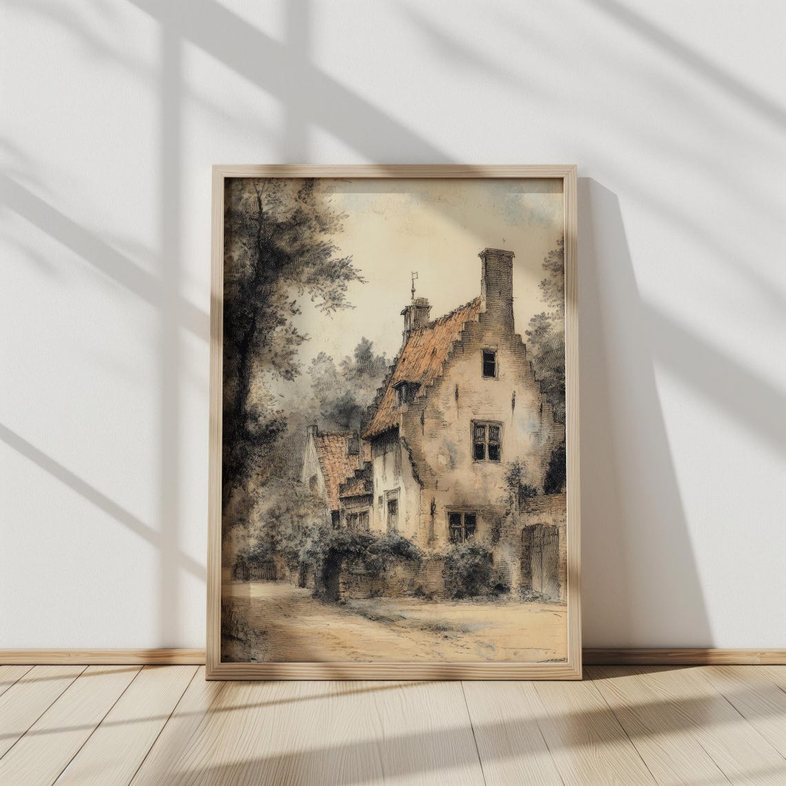 Vintage European Cottage Illustration Old Stone House Lane Poster