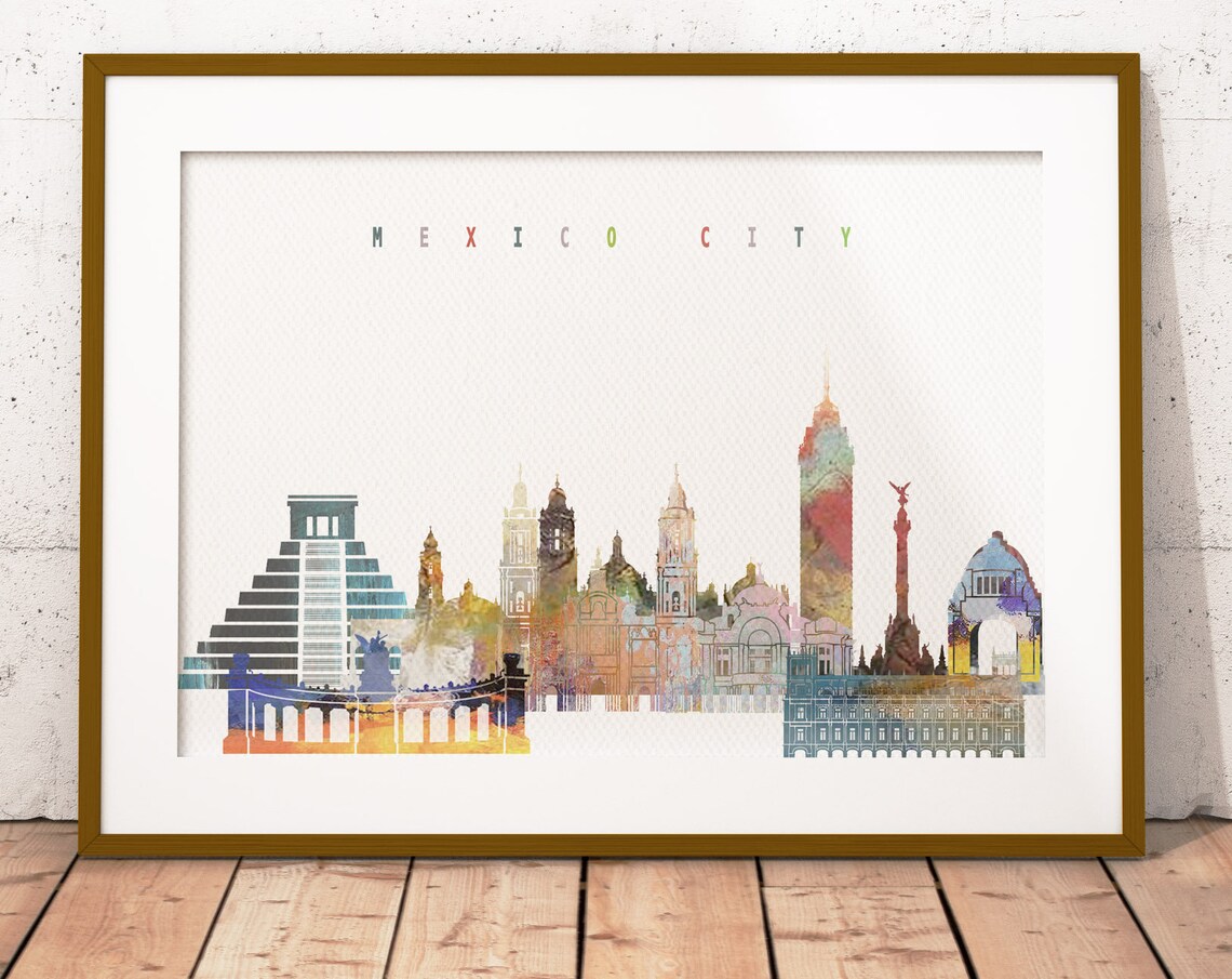 Mexico City Watercolor Skyline Landmarks Cityscape Art Poster
