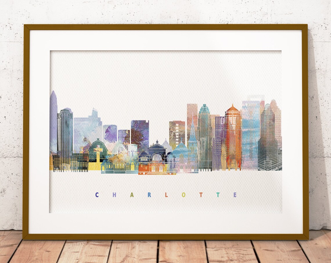 Charlotte North Carolina Uptown Watercolor Skyline Art Poster
