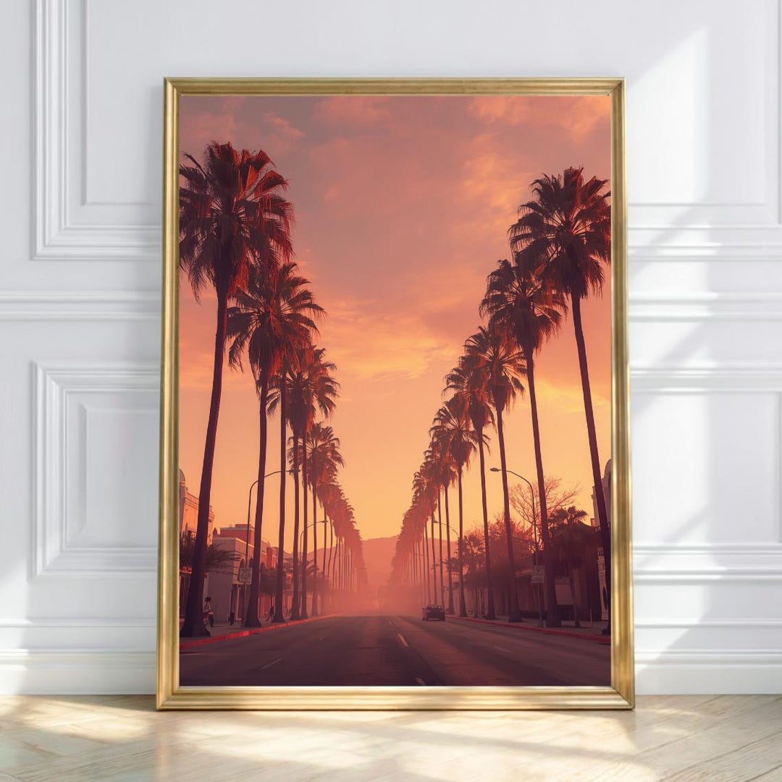 Palm Tree Lined Street At Sunset In Warm Golden Hour Art Print