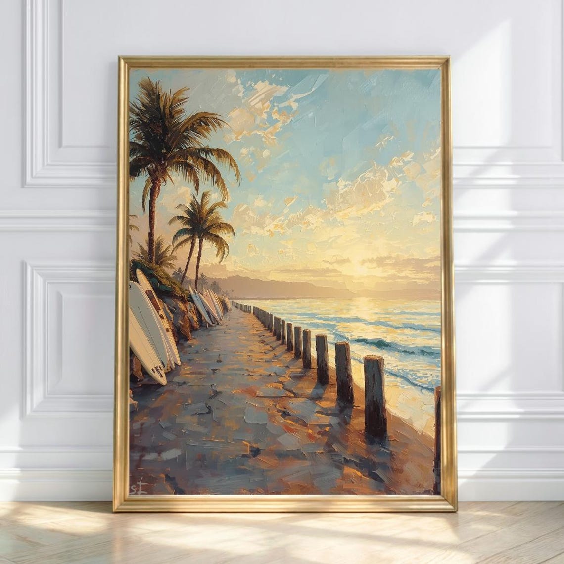 Vintage Surfboards Beach Pier Palm Trees Golden Sunset Poster