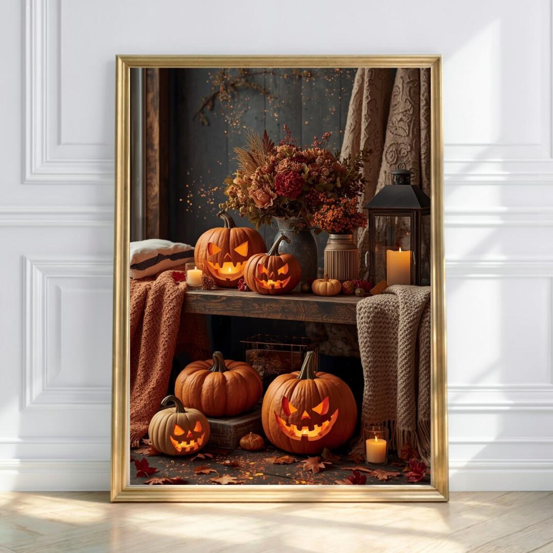 Cozy Halloween Pumpkin Print Rustic Autumn Wall Art