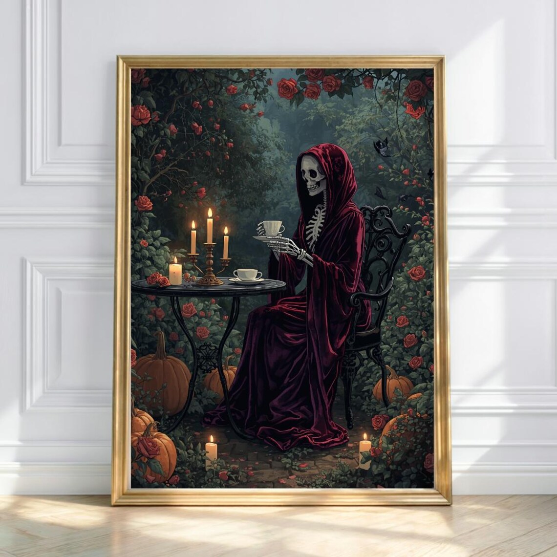 Skeleton Drinking Tea Print Dark Academia Halloween Decor