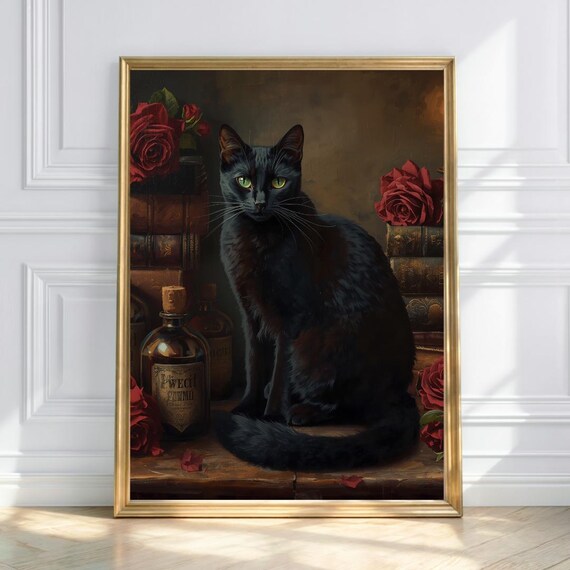 Gothic Black Cat Portrait Witchy Dark Academia Wall Art