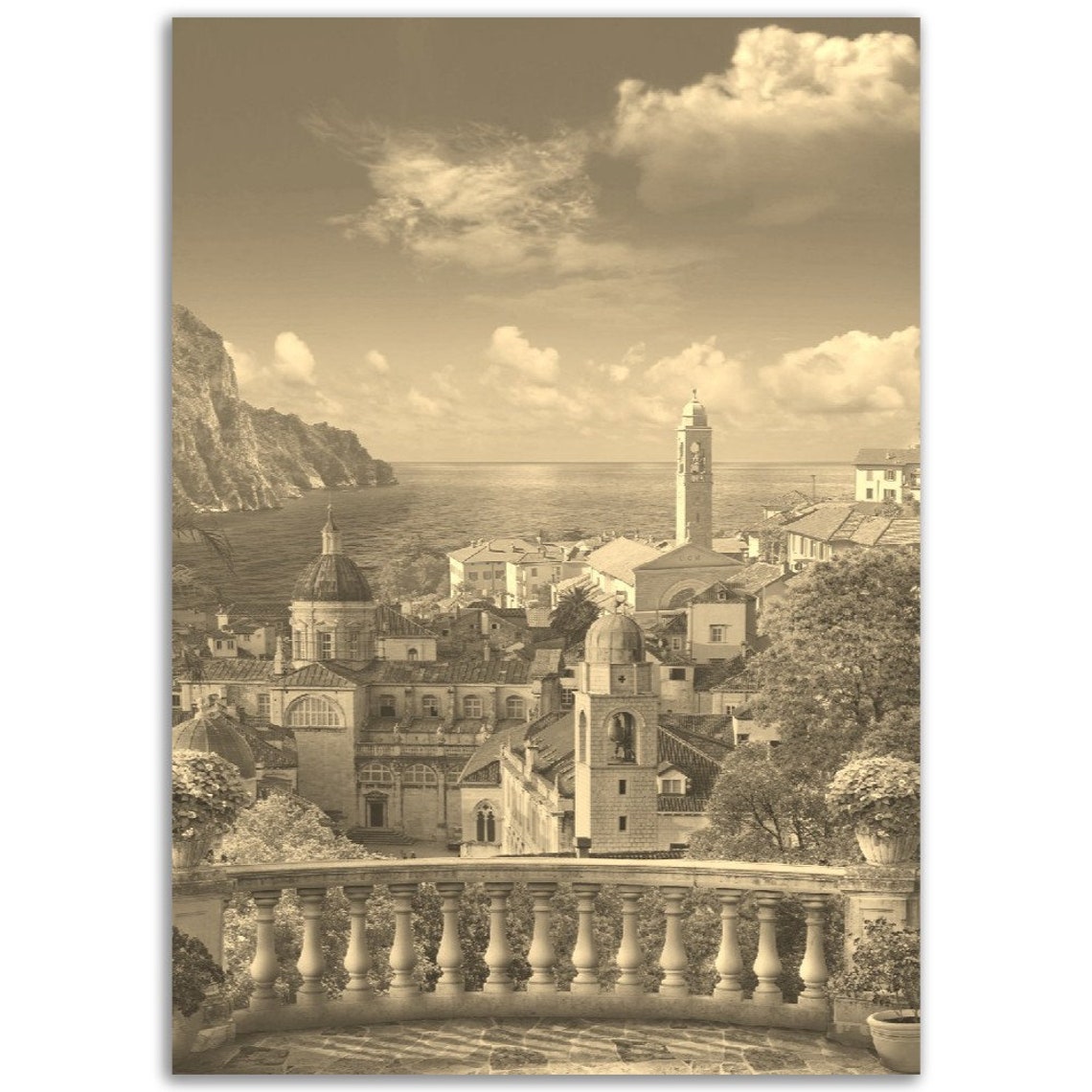 Sepia Mediterranean Coastal Old Town Terrace View Cityscape Poster