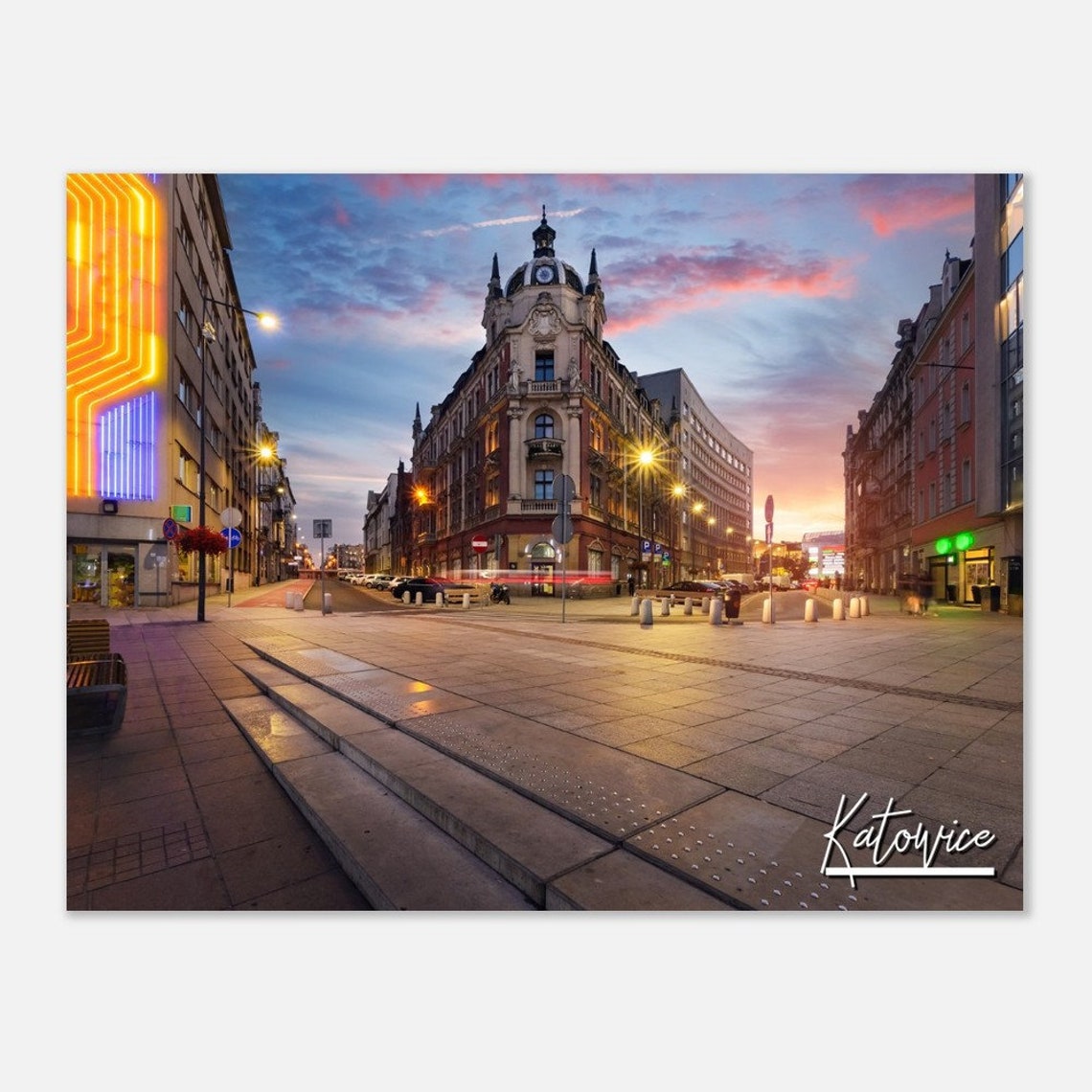 Katowice Poland Central Square at Dusk Historic Cityscape Art Poster