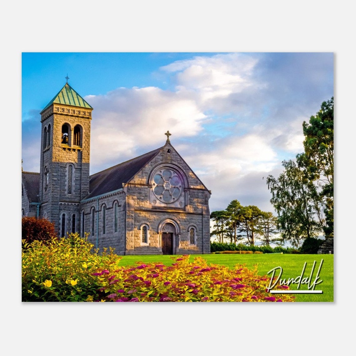 Dundalk Ireland Historic Stone Church Bell Tower Travel Poster