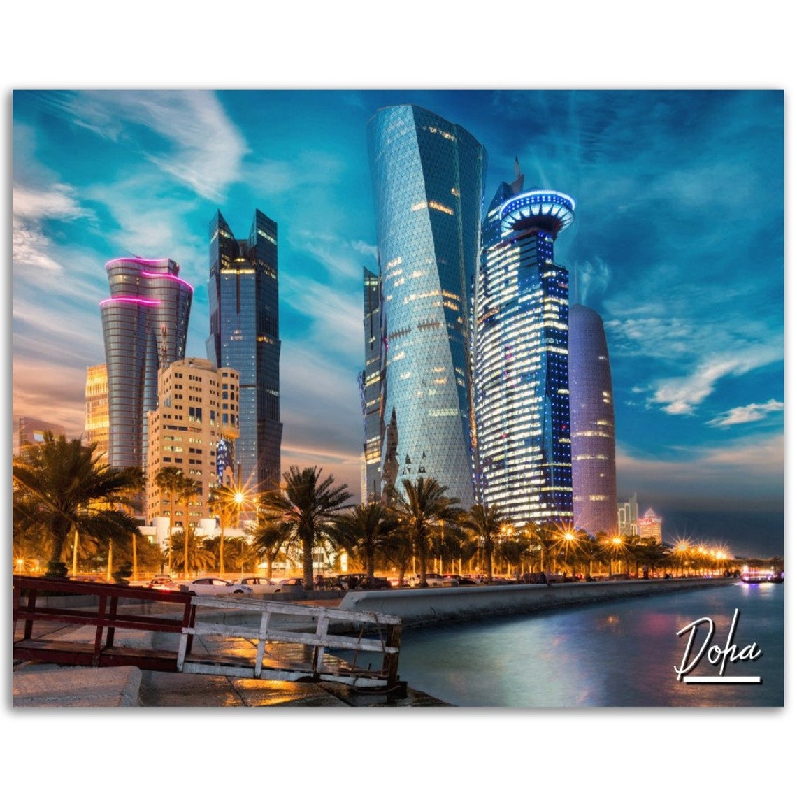 Doha Qatar Skyline Night Skyscrapers Waterfront Travel Poster
