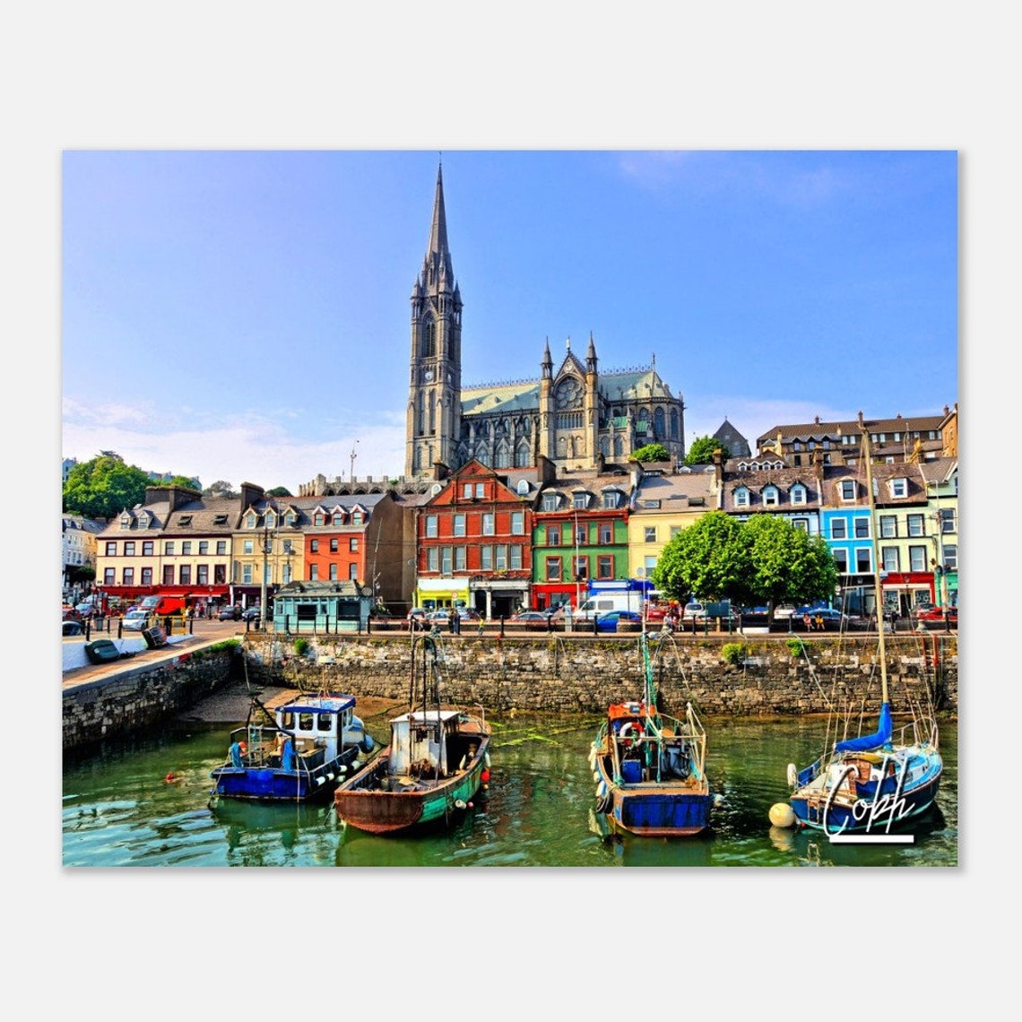 Cobh Ireland Harbor Cathedral Colorful Boats Waterfront Travel Poster