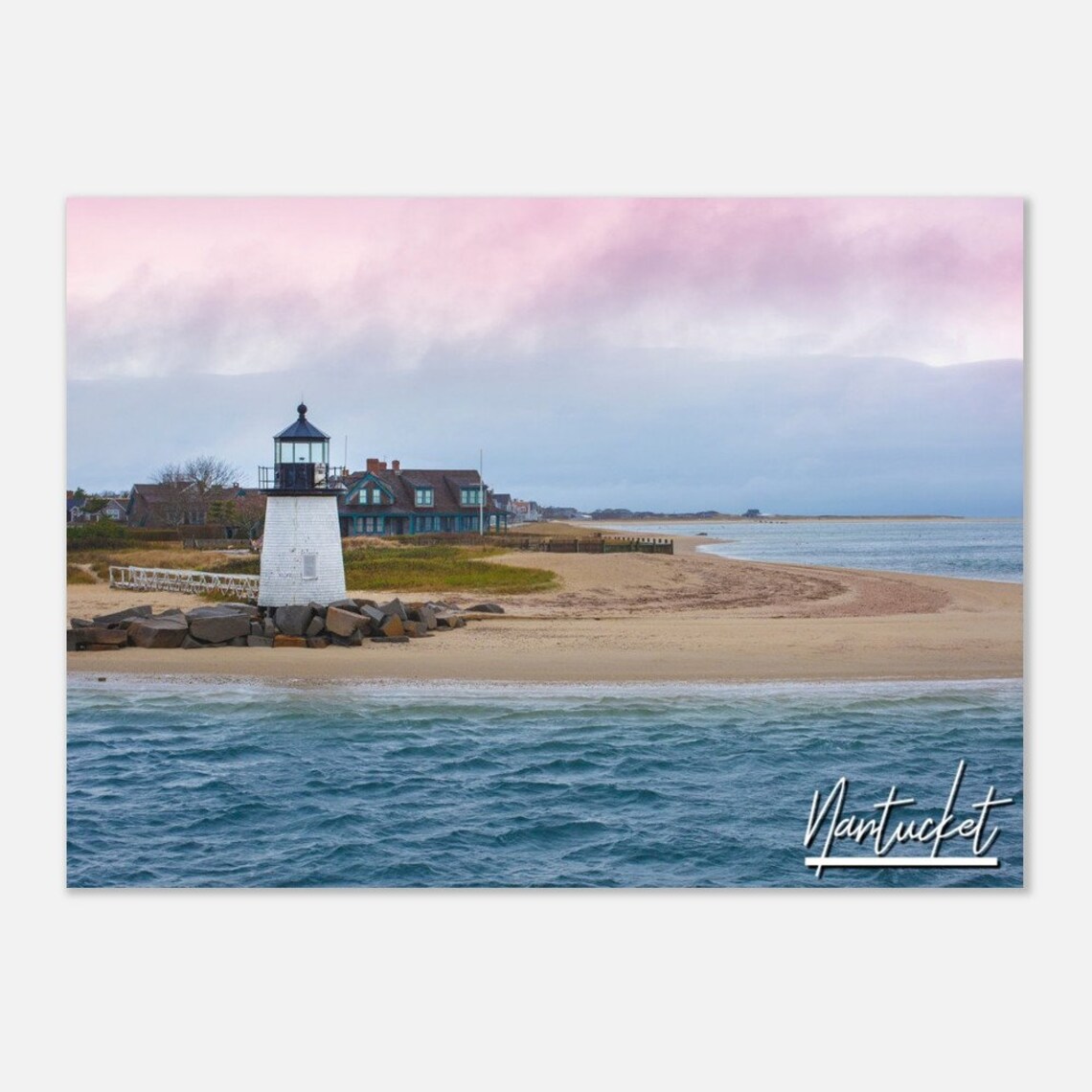 Nantucket Lighthouse Beach Pink Sky New England Travel Photo Poster