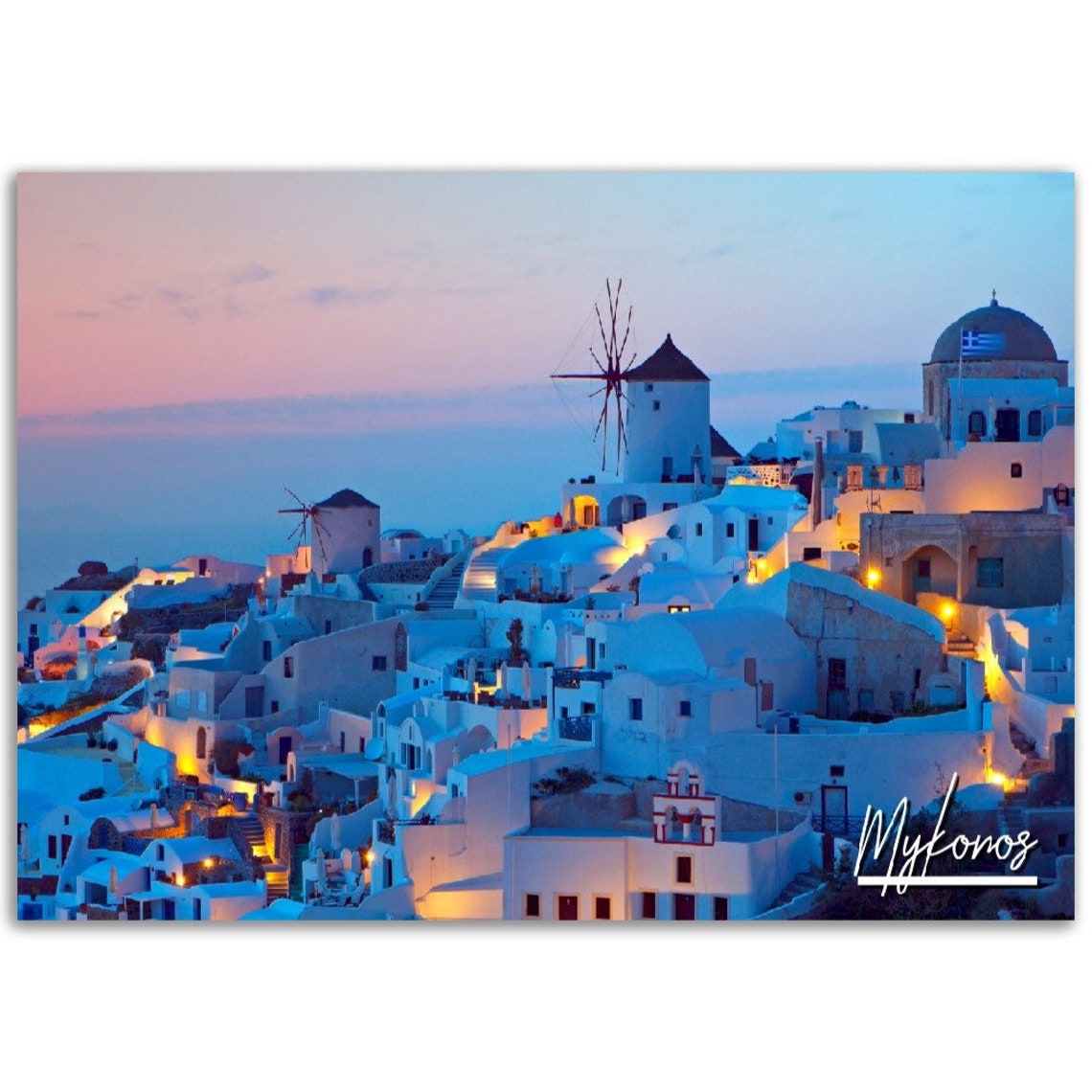 Mykonos Greece Whitewashed Village Windmills Dusk Travel Poster